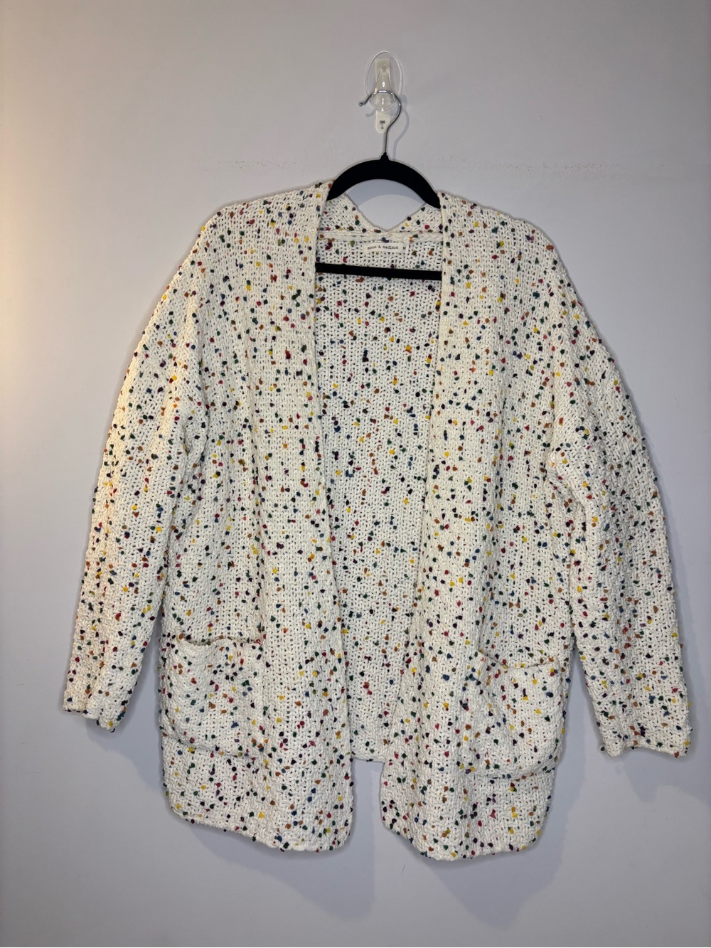 MOON AND MADISON White Cardigan Sweater Rainbow Multicolor Flecks Pom Poms